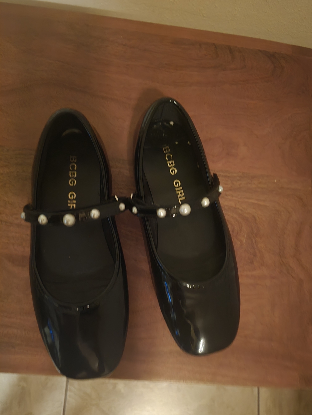 BCBG Paris Black Patent Mary Jane Flats with Pearl Strap (Kids)